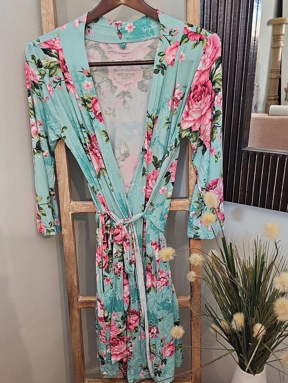 Posh Peanut Mint Floral Tie-Waist Robe with Pink Roses